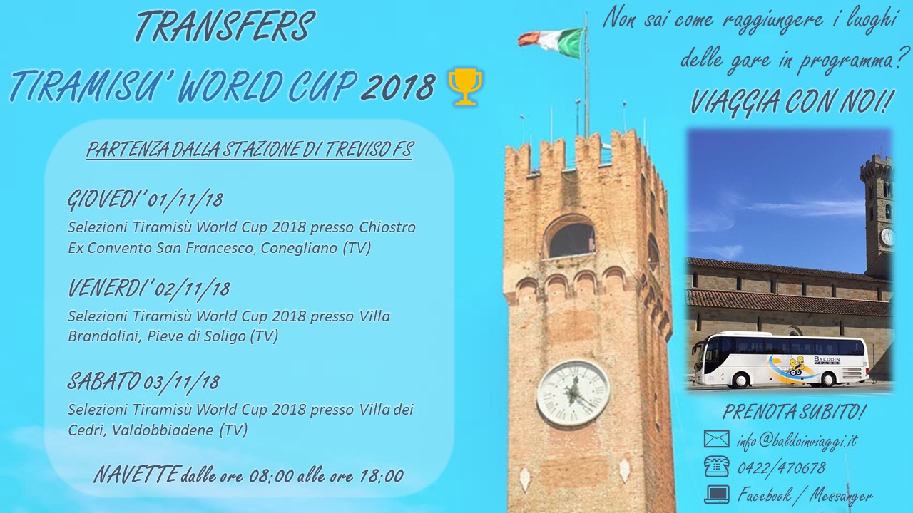 NAVETTA_TRANSFERS_TREVISO_TIRAMISU' Servizio Navette per i luoghi della Tiramisù World Cup 2018 dal 01/11/2018 al 03/11/2018